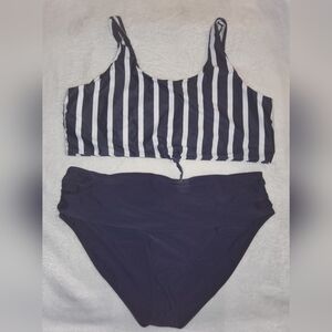 DAVI & DANI Navy and White Striped High Waist Bikini